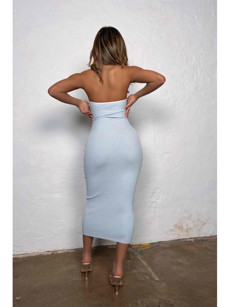 Elegant Light Blue Ribbed Dress