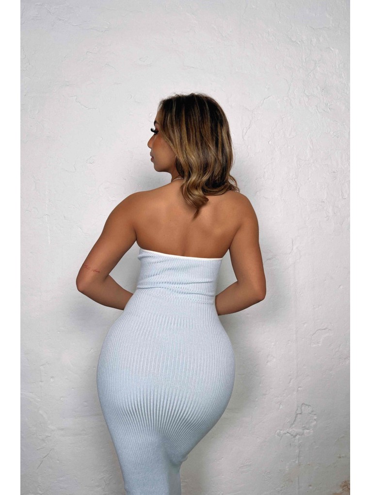 Elegant Light Blue Ribbed Dress
